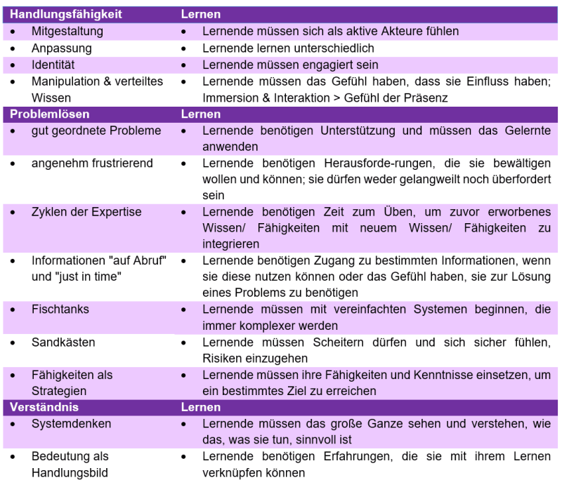 Abbildung: Die Lernprinzipien von James Paul Gee (Gee, 2007b, S. 23) mit Erläuterun, Credits: PetiteProf79